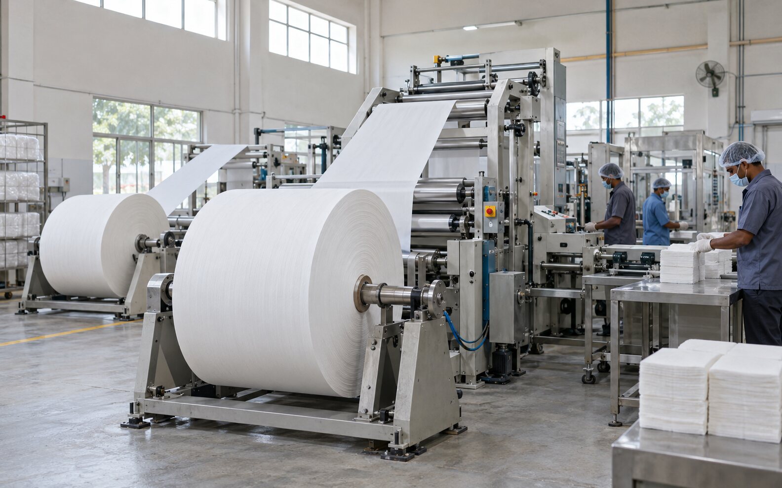 Tissue paper conversion machinery on a clean production floor