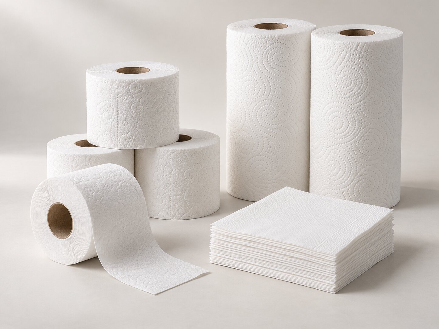 Tissue napkins, toilet rolls and kitchen rolls